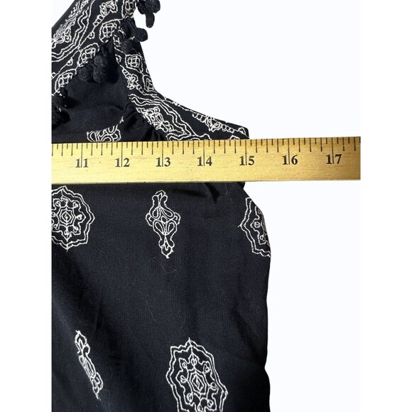 Loft Black, White Printed Sleeveless Pom Pom Trim Swing Tank Top V Neck Boho XSP - Picture 12 of 12